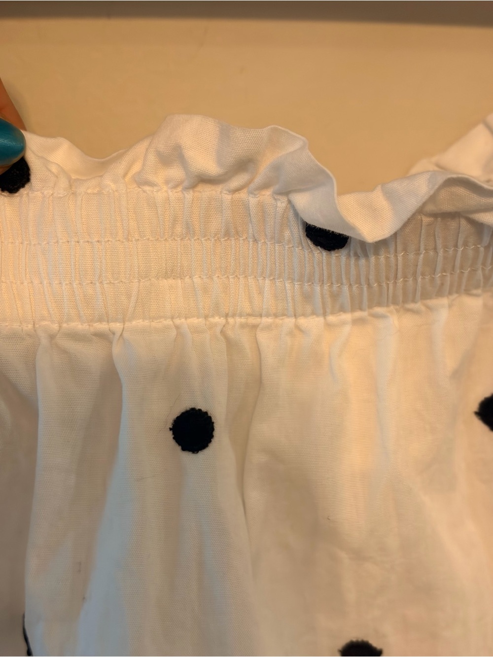 100% Cotton Off-the-Shoulder Embroidered Polka Dot Blouse - Picture 3 of 8